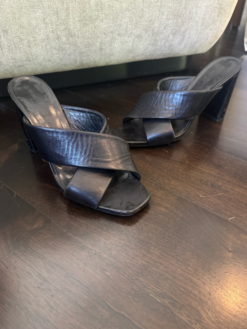 Saint Laurent Black Leather Crisscross Heeled Leather Sandals